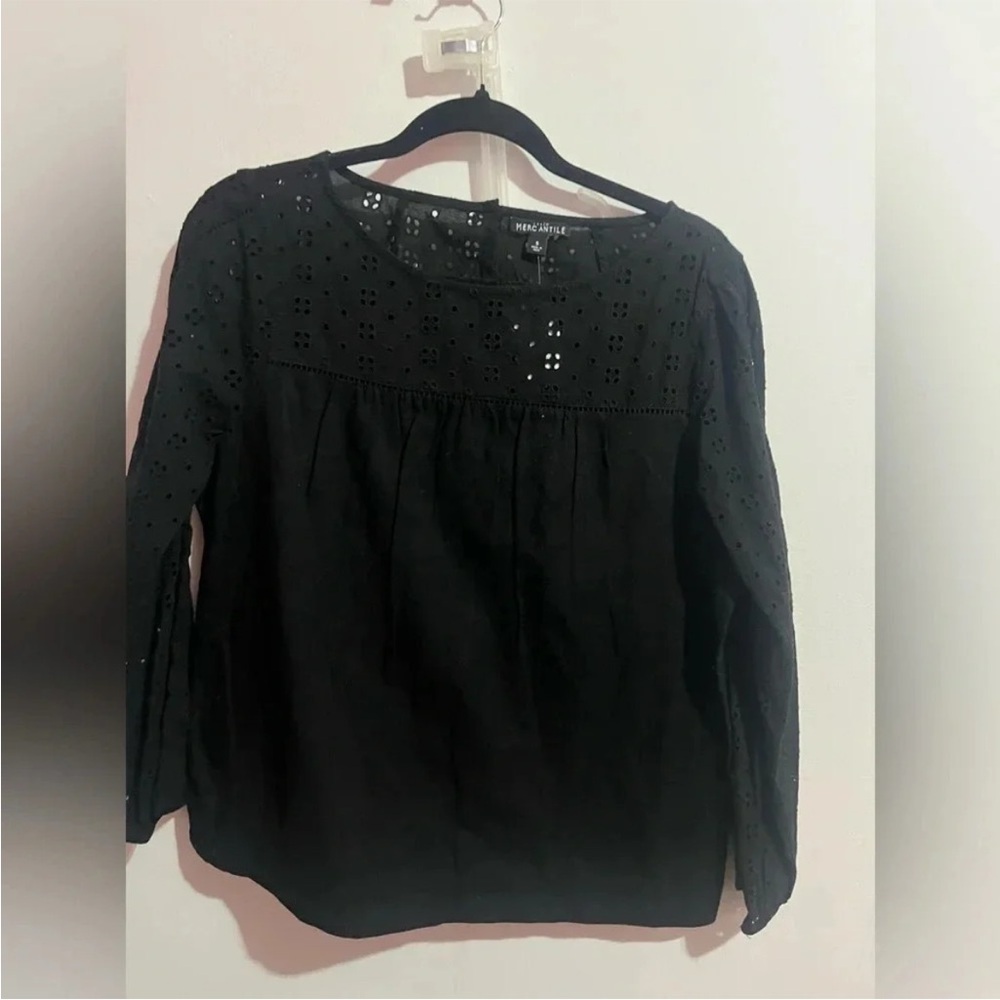 J. Crew Black Eyelet Long-Sleeve Mercantile Black Linen